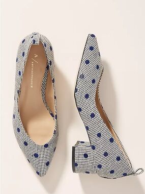 Anthropologie White and Blue Polka Dot Pointed Block Heel Pumps